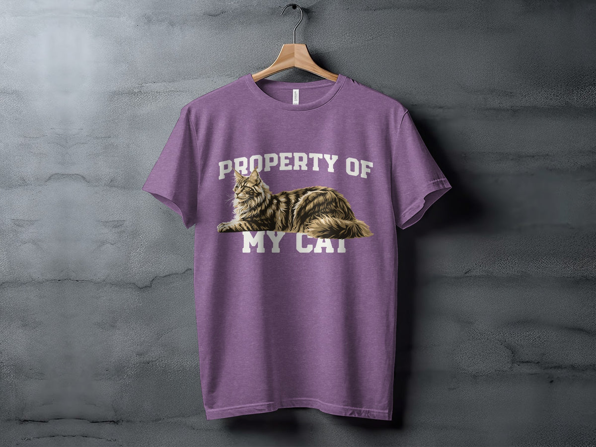 Purple t-shirt with "PROPERTY OF MY CAT" and a cat graphic.