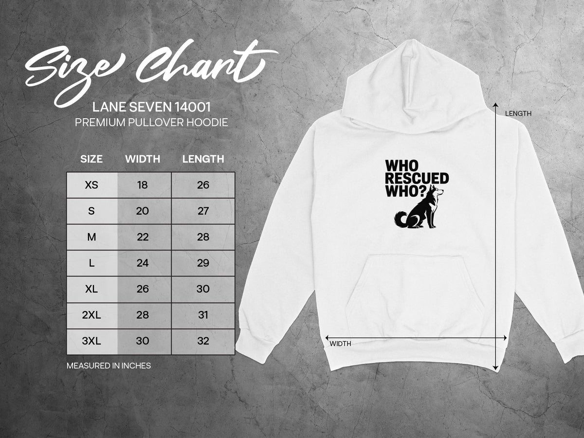 Size chart for Lane Seven 14001 premium pullover hoodie with dog graphic.