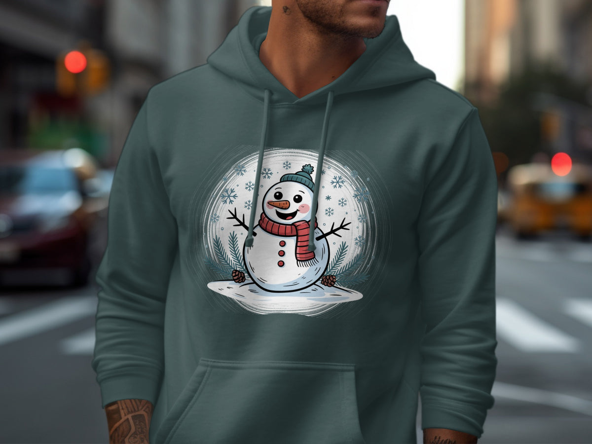 Green hoodie with a graphic of a cartoon snowman wearing a scarf and hat.