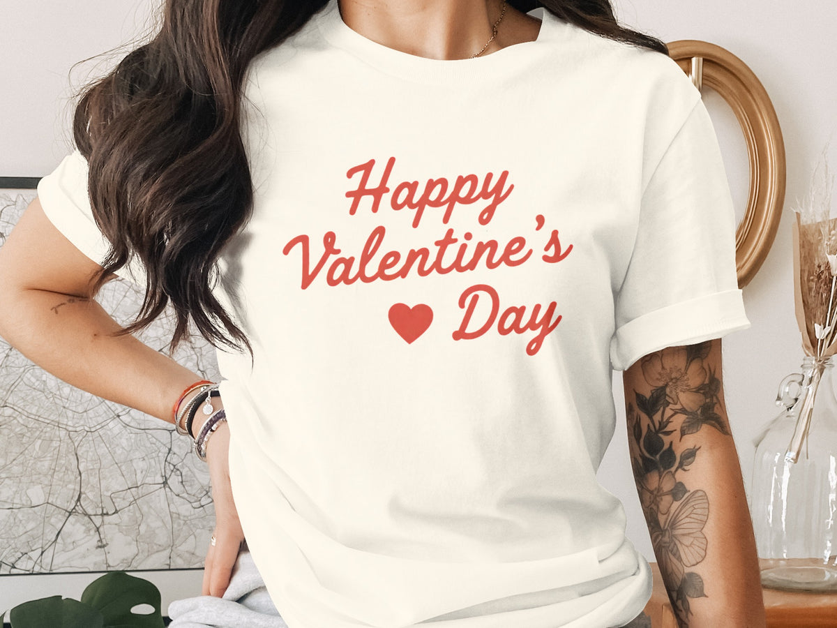 Cream t-shirt with red "Happy Valentine's Day" text and a heart.