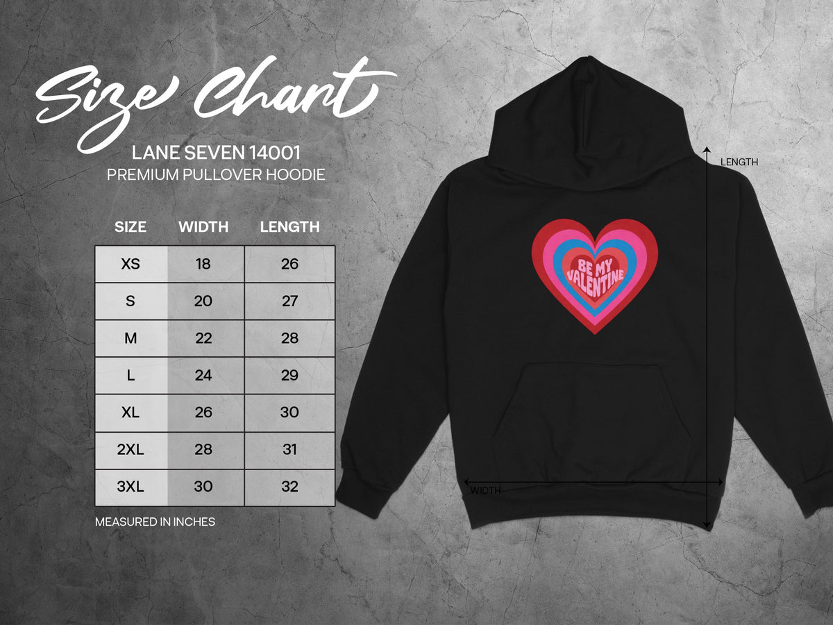 Size chart for Lane Seven 14001 premium pullover hoodie with heart graphic.