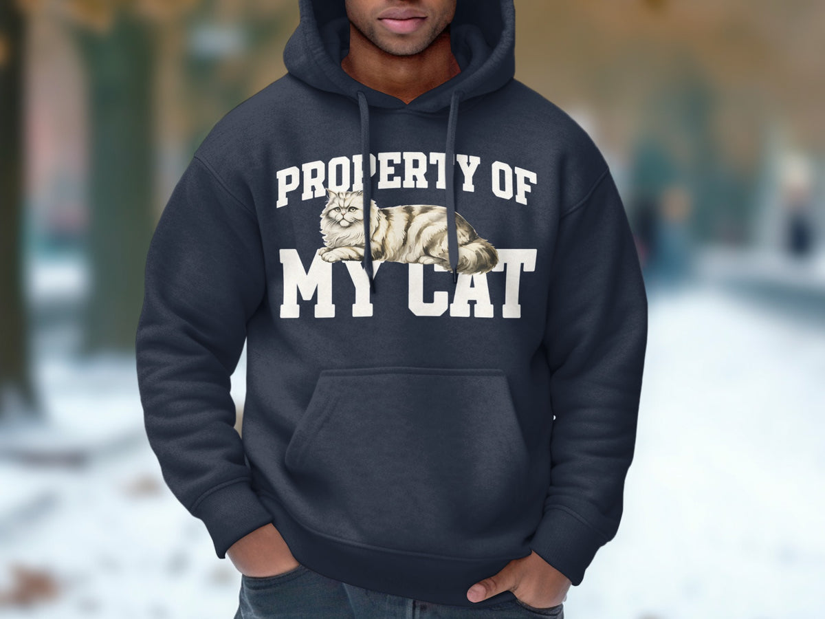 Dark blue hoodie with "Property of My Cat" text and cat illustration.