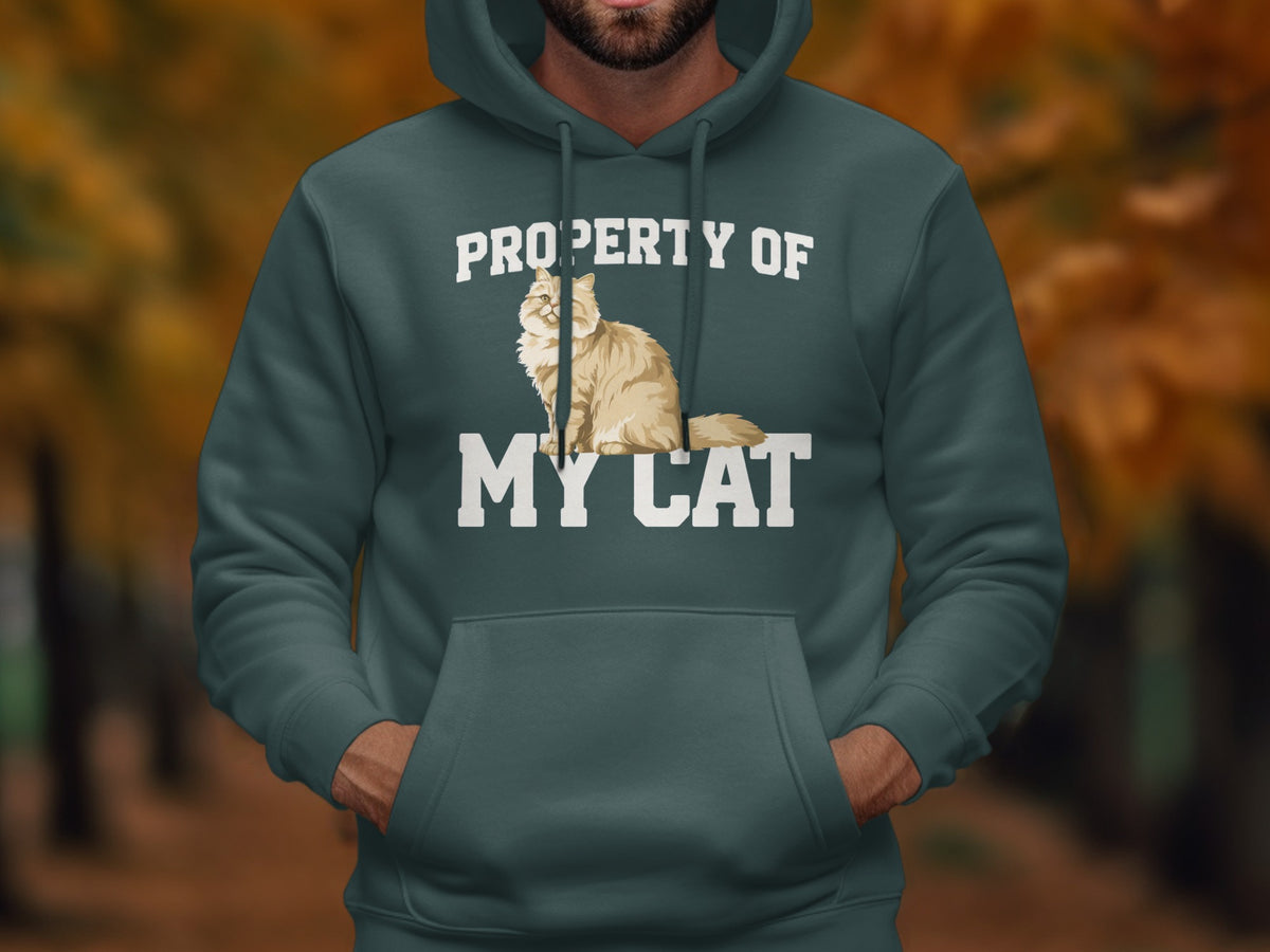 Teal hoodie with "Property of My Cat" and a fluffy cat graphic.