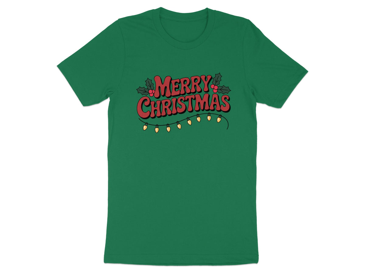 Green t-shirt with "Merry Christmas" text and festive lights.