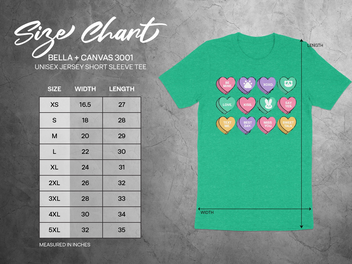 Size chart for Bella + Canvas 3001 unisex short sleeve tee with width and length in inches.