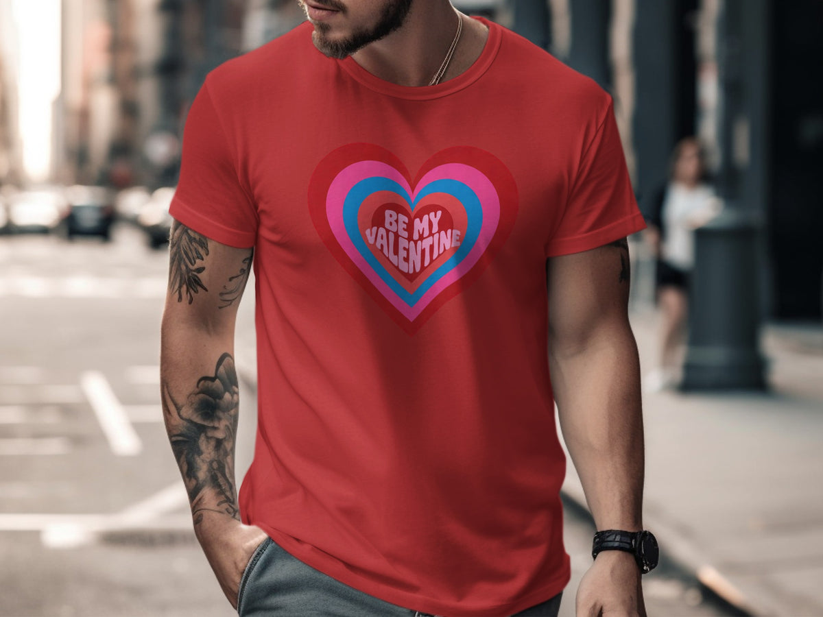 Red t-shirt with concentric hearts graphic saying "BE MY VALENTINE".