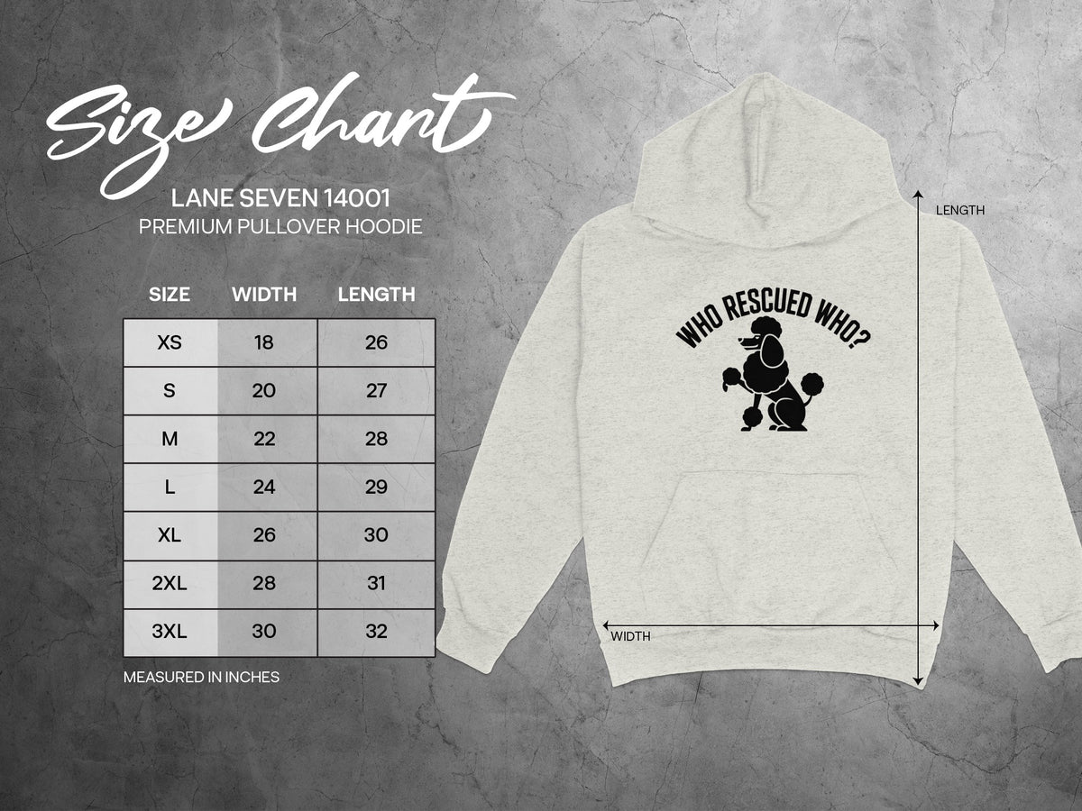 Lane Seven 14001 hoodie size chart with width and length measurements in inches.