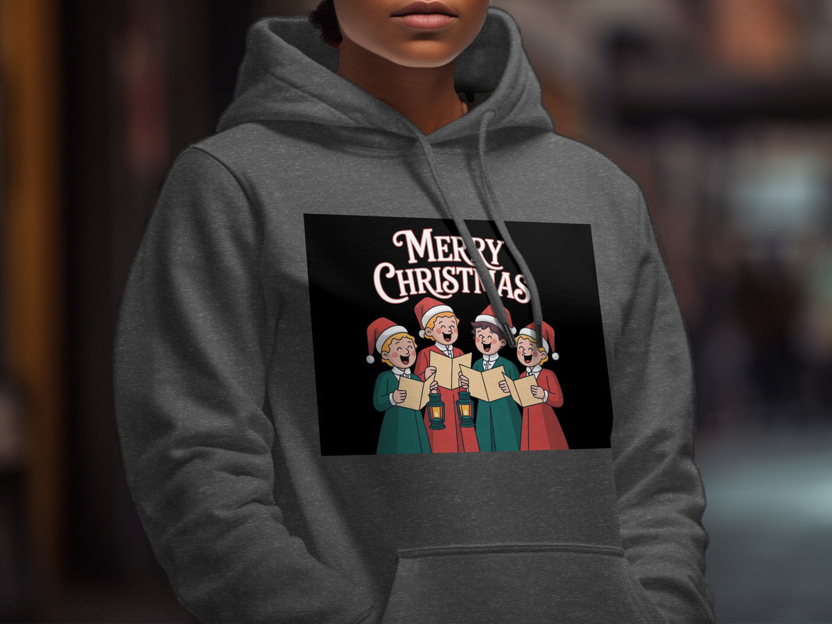 Four cartoon carolers in Santa hats sing with lanterns and sheet music, displaying "Merry Christmas".