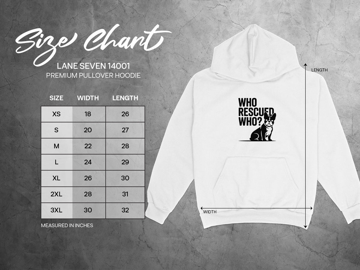 Lane Seven 14001 premium pullover hoodie size chart with measurements.