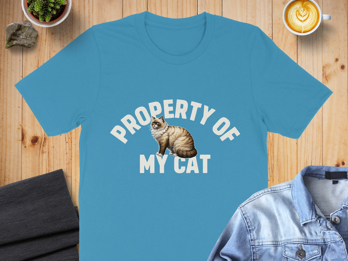 Turquoise t-shirt with "PROPERTY OF MY CAT" and a fluffy cat graphic.