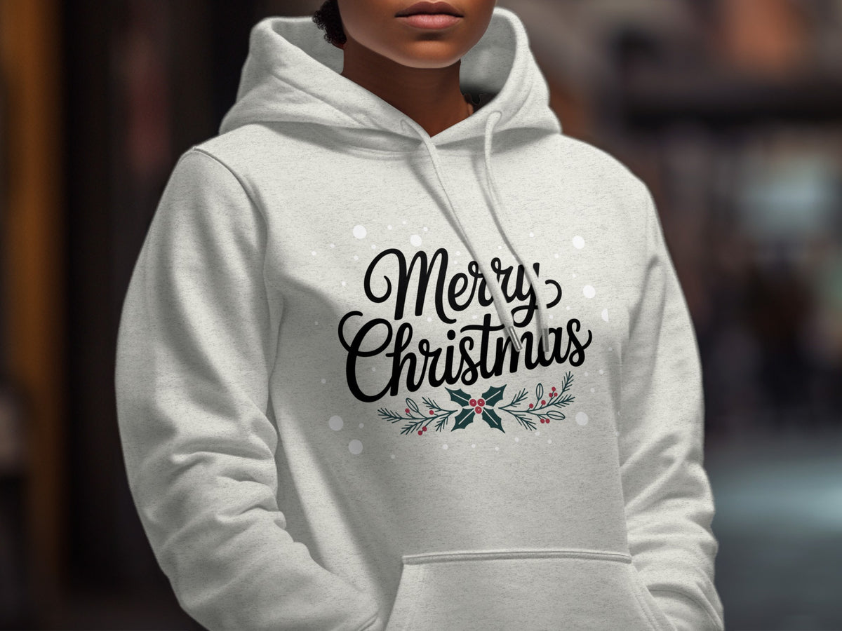 Light grey hoodie with "Merry Christmas" text and holly.