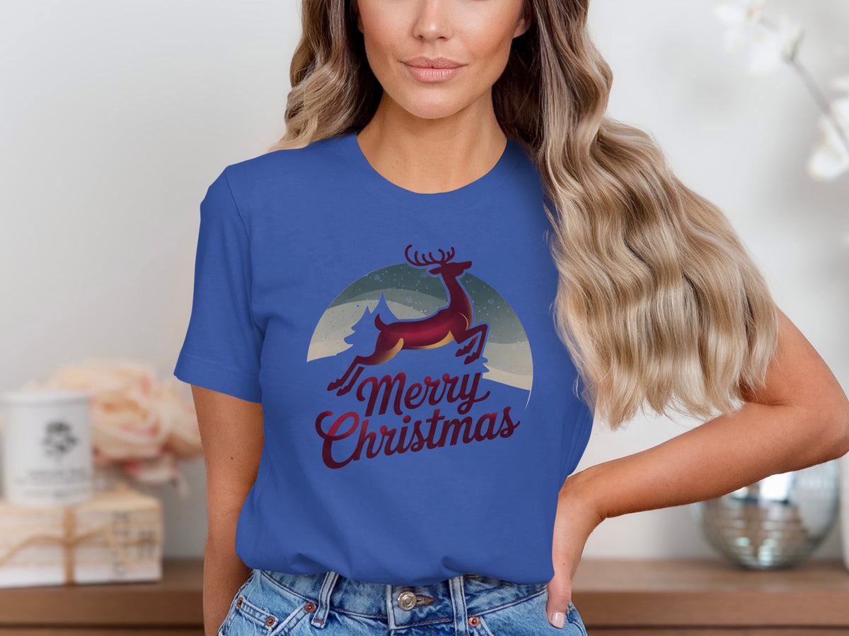 Blue t-shirt with a deer and "Merry Christmas" design.