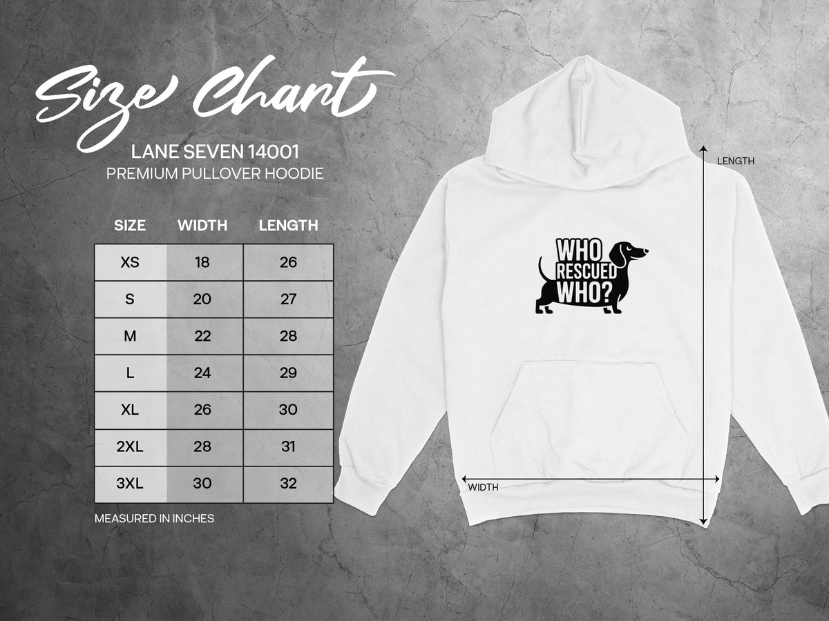 Size chart for Lane Seven 14001 premium pullover hoodie with dachshund graphic.