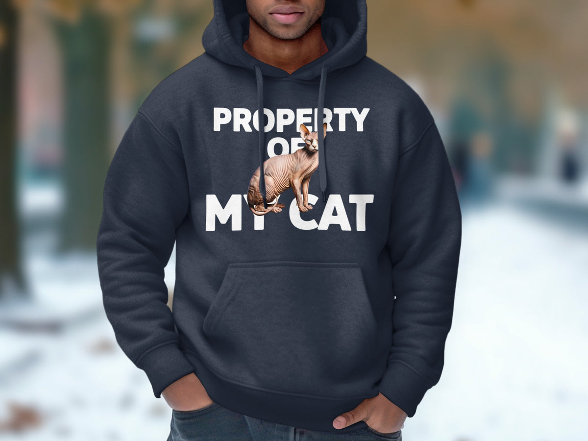 Dark navy hoodie with "Property of my cat" text and sphynx cat graphic.