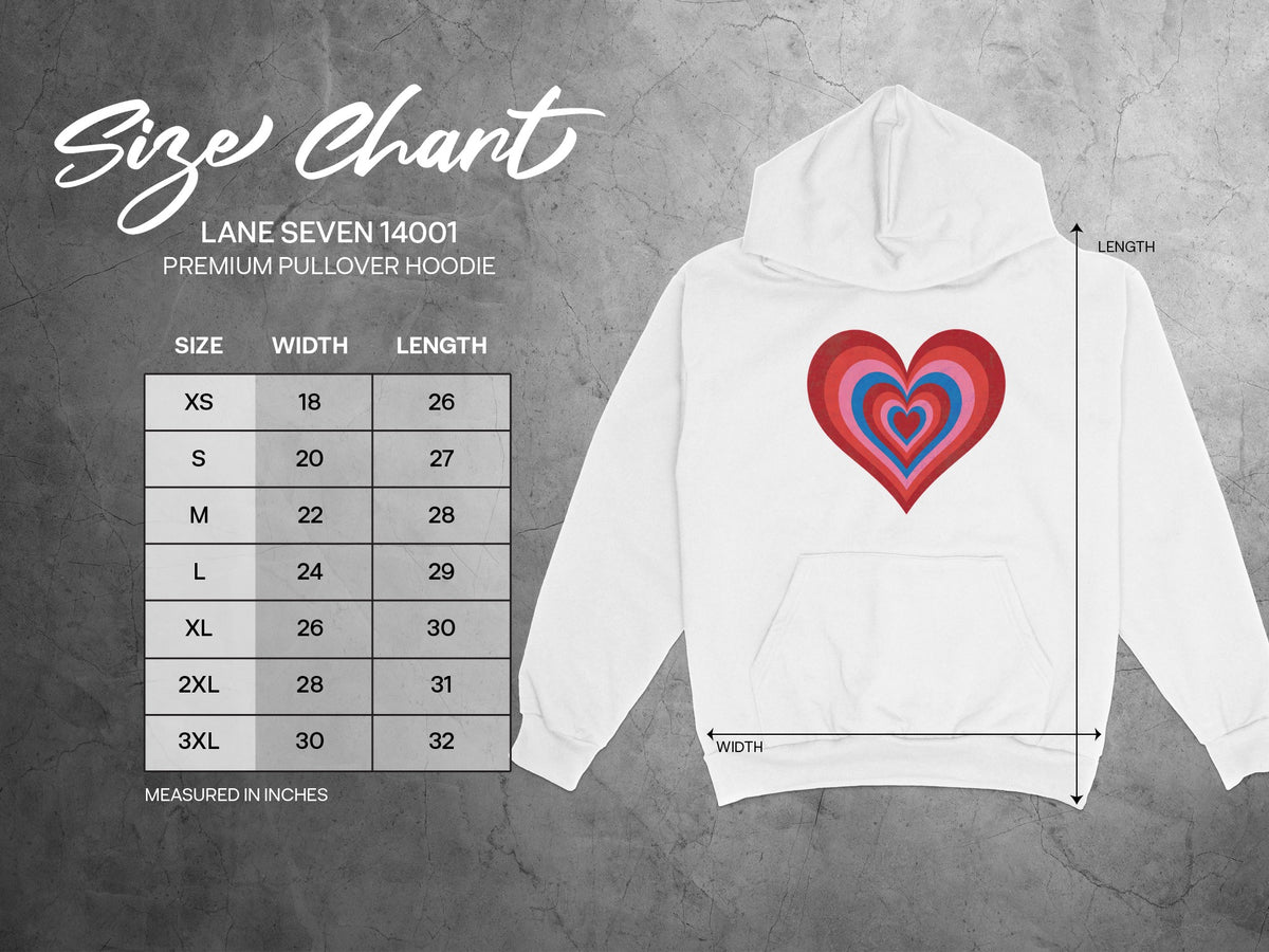 Lane Seven 14001 hoodie size chart with width and length measurements in inches.