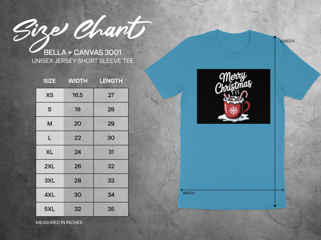 Size chart for Bella + Canvas 3001 unisex short sleeve tee with garment dimensions.
