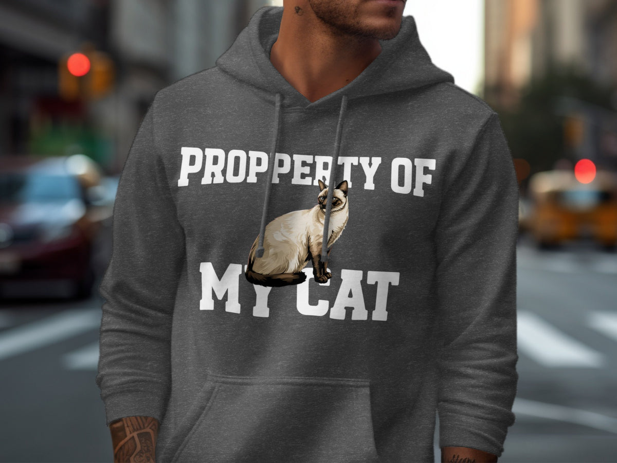 Dark grey hoodie with "PROPERTY OF MY CAT" text and a Siamese cat graphic.