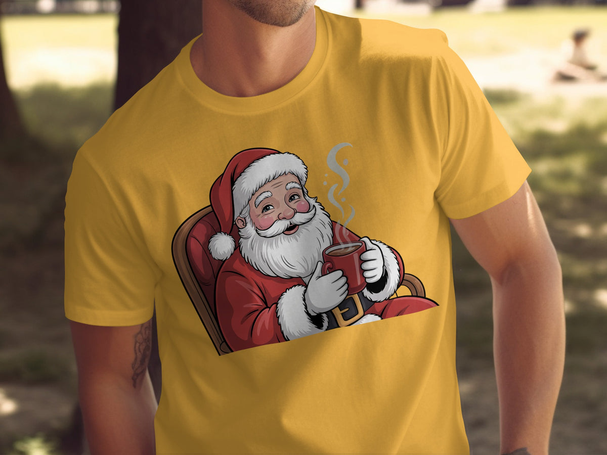 Cartoon Santa Claus sitting in a chair holding a mug of hot chocolate.