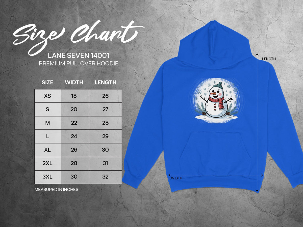 Size chart for Lane Seven 14001 premium pullover hoodie with snowman graphic.
