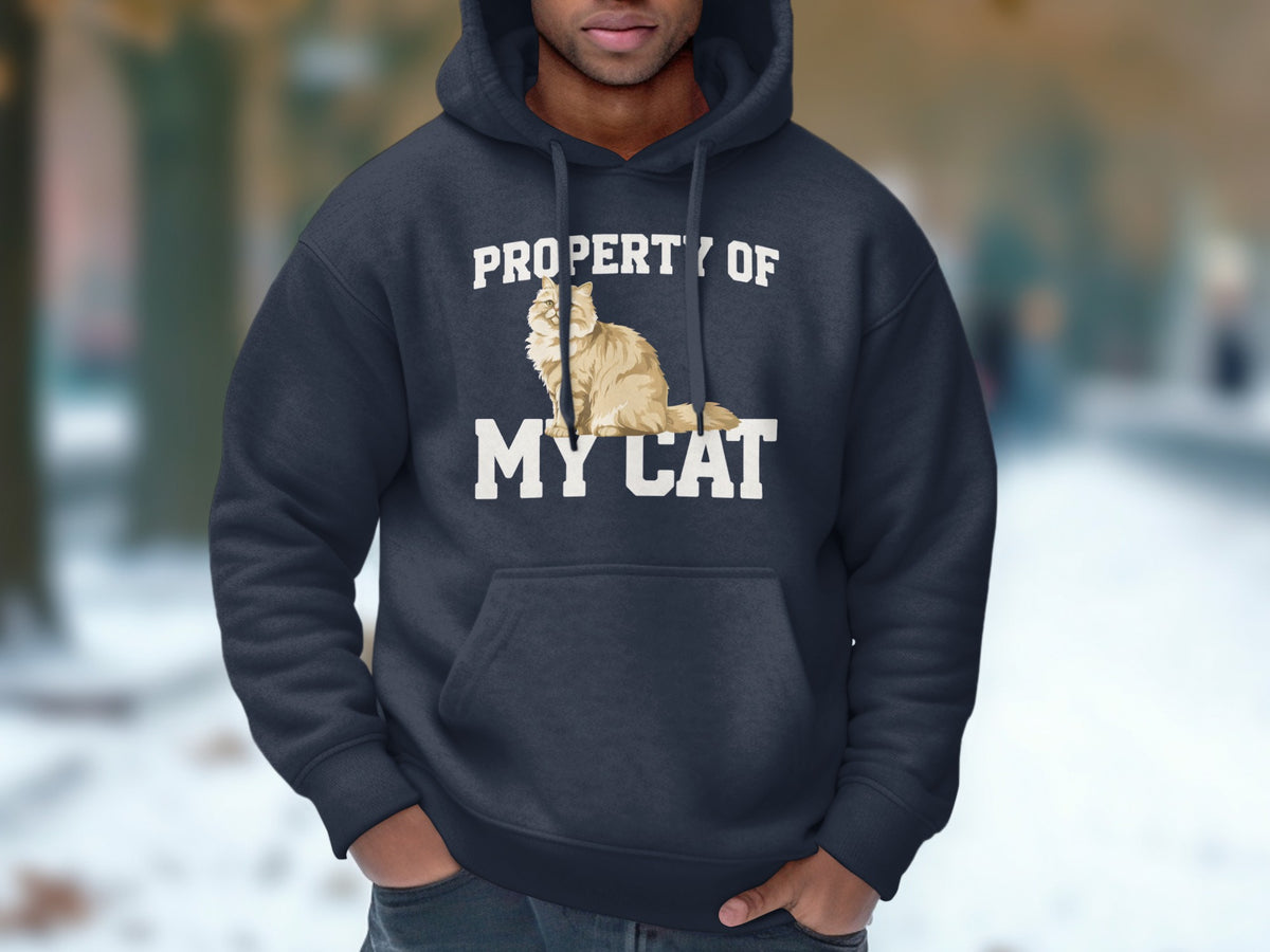 Dark blue hoodie with "Property Of My Cat" text and cat graphic.