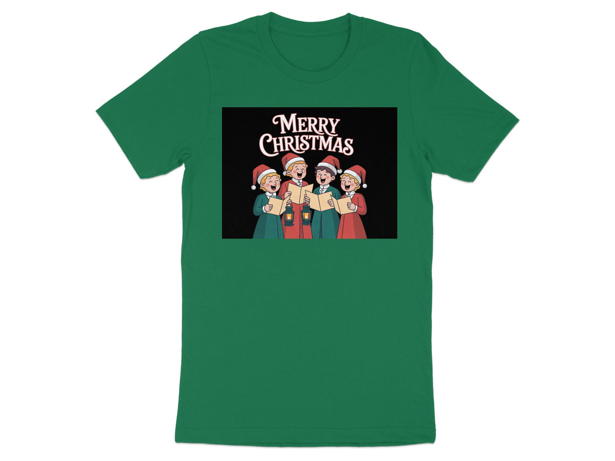 Green t-shirt featuring carolers with Santa hats singing "Merry Christmas".