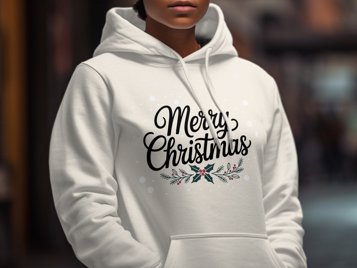 White hoodie with "Merry Christmas" text and holly berry design.