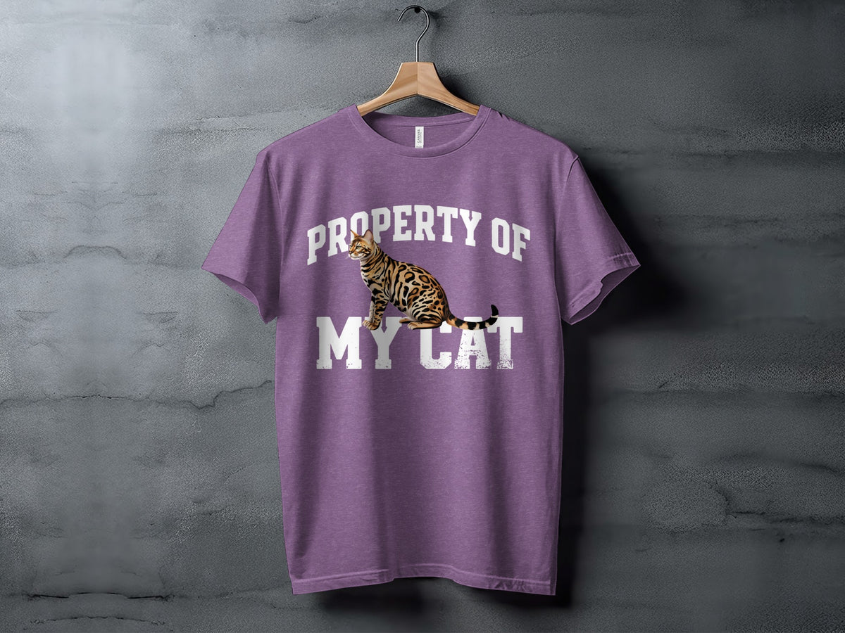 Purple t-shirt with "Property of My Cat" text and a Bengal cat graphic.
