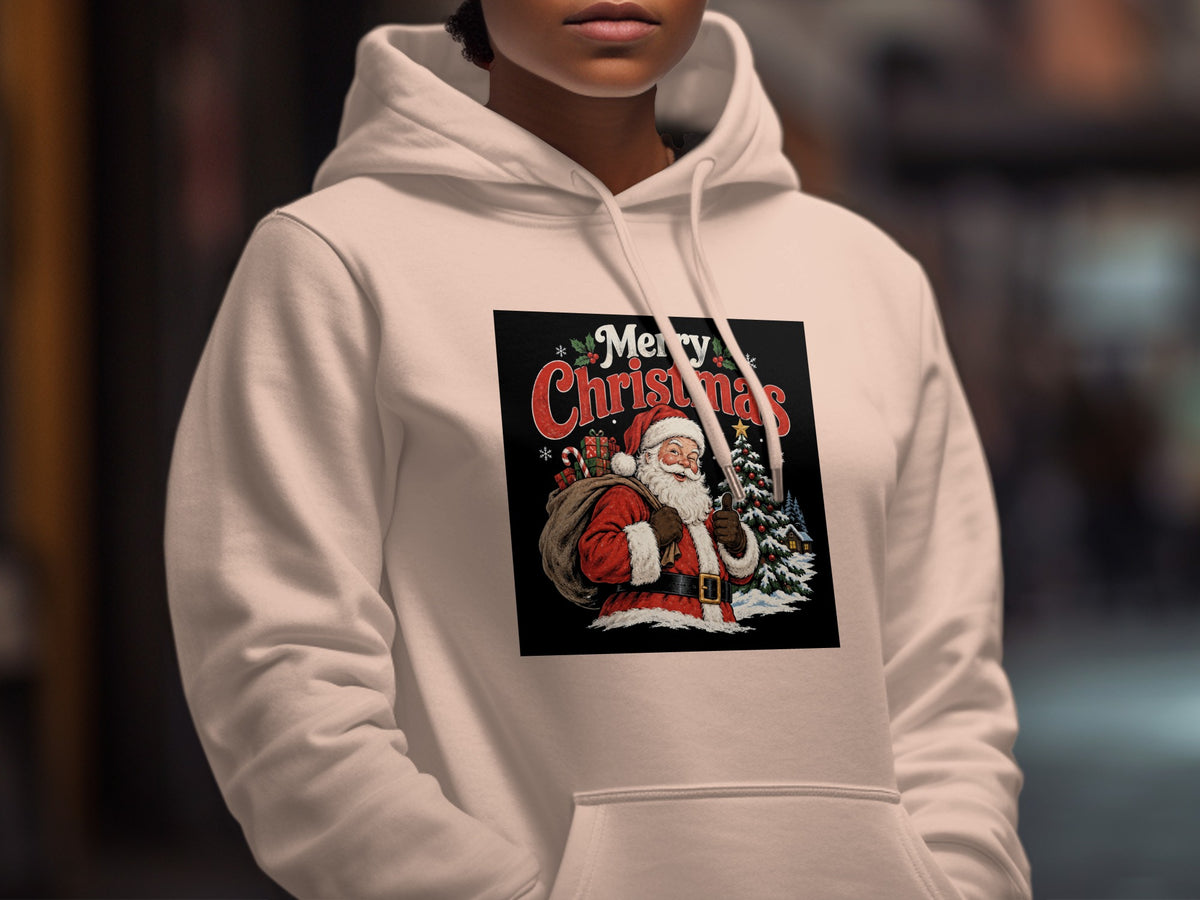 Hoodie with vintage Santa Claus and "Merry Christmas" graphic.