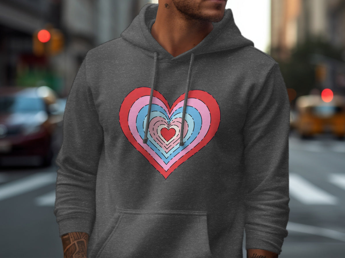 Dark grey hoodie with concentric heart graphic in red, pink, and blue.