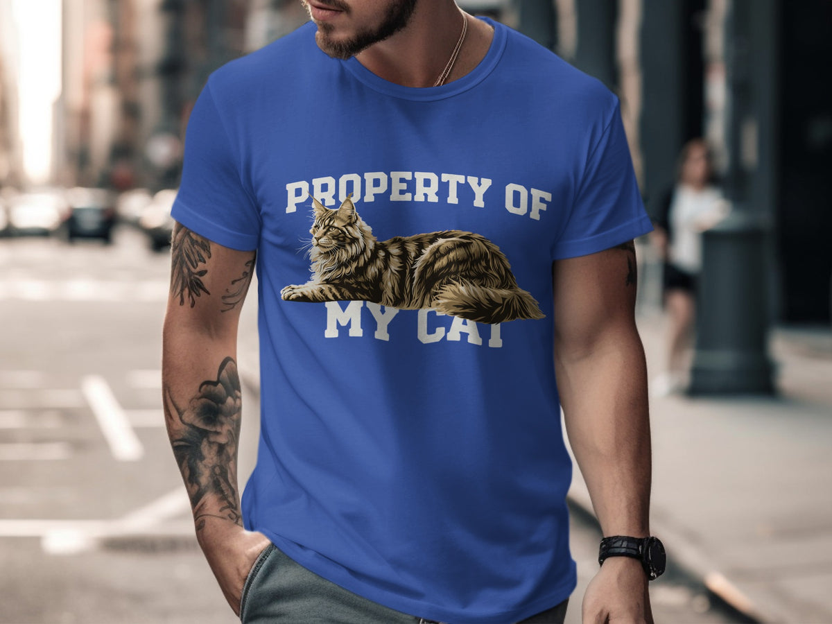 Blue t-shirt with "Property of My Cat" text and a tabby cat graphic.