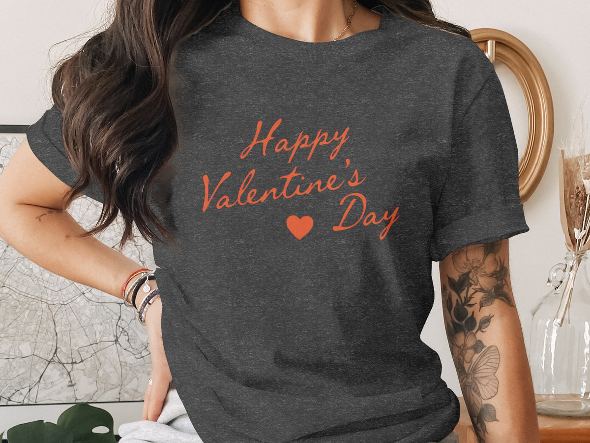 Dark gray t-shirt with orange text "Happy Valentine's Day" and a heart.