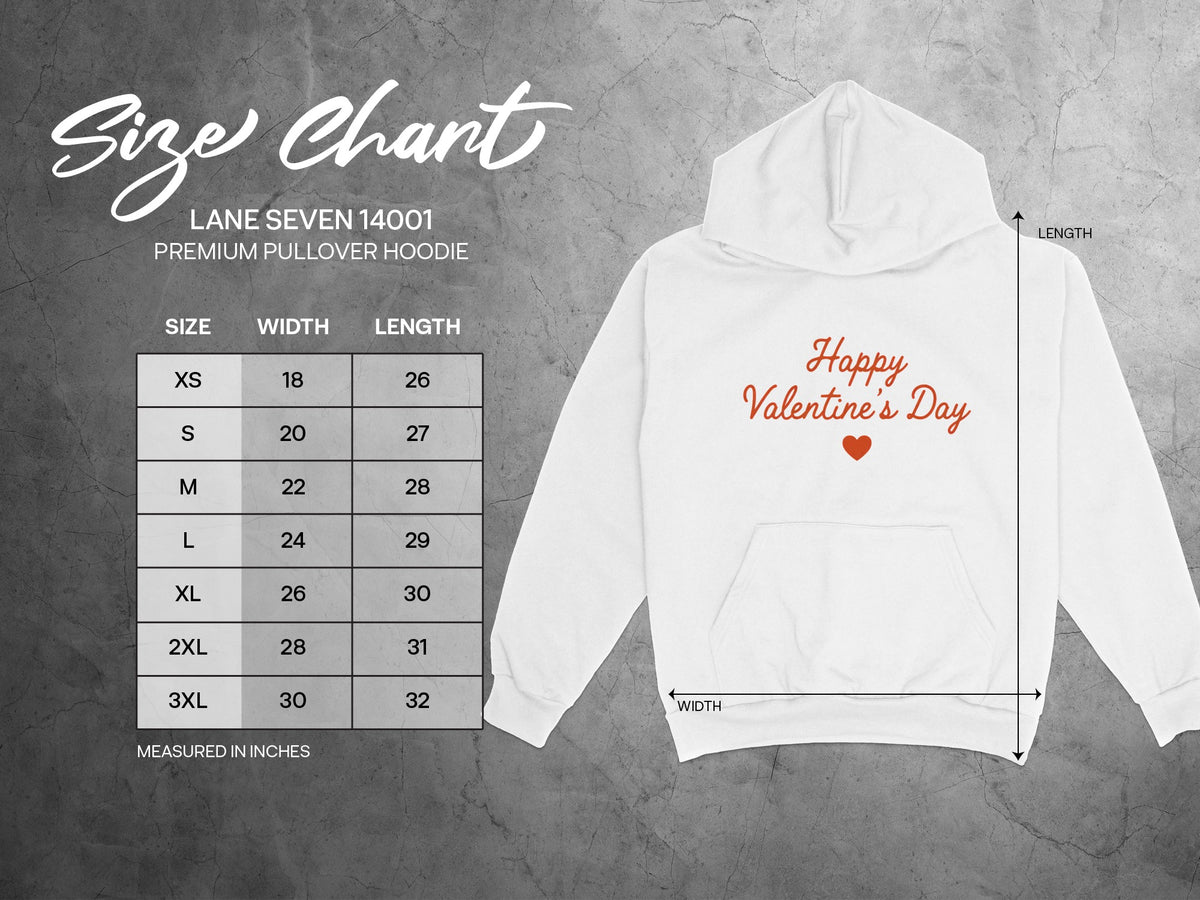 Size chart for Lane Seven 14001 premium pullover hoodie with measurements in inches.