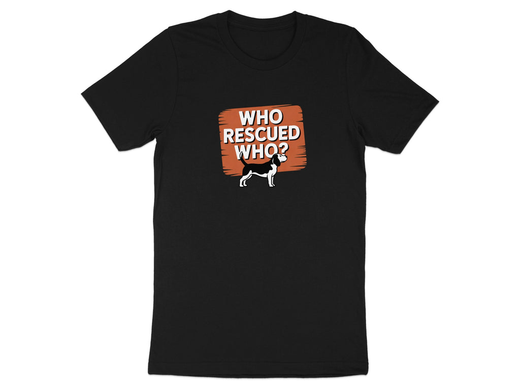 Black t-shirt with orange rectangle graphic and dog asking "Who rescued who?"