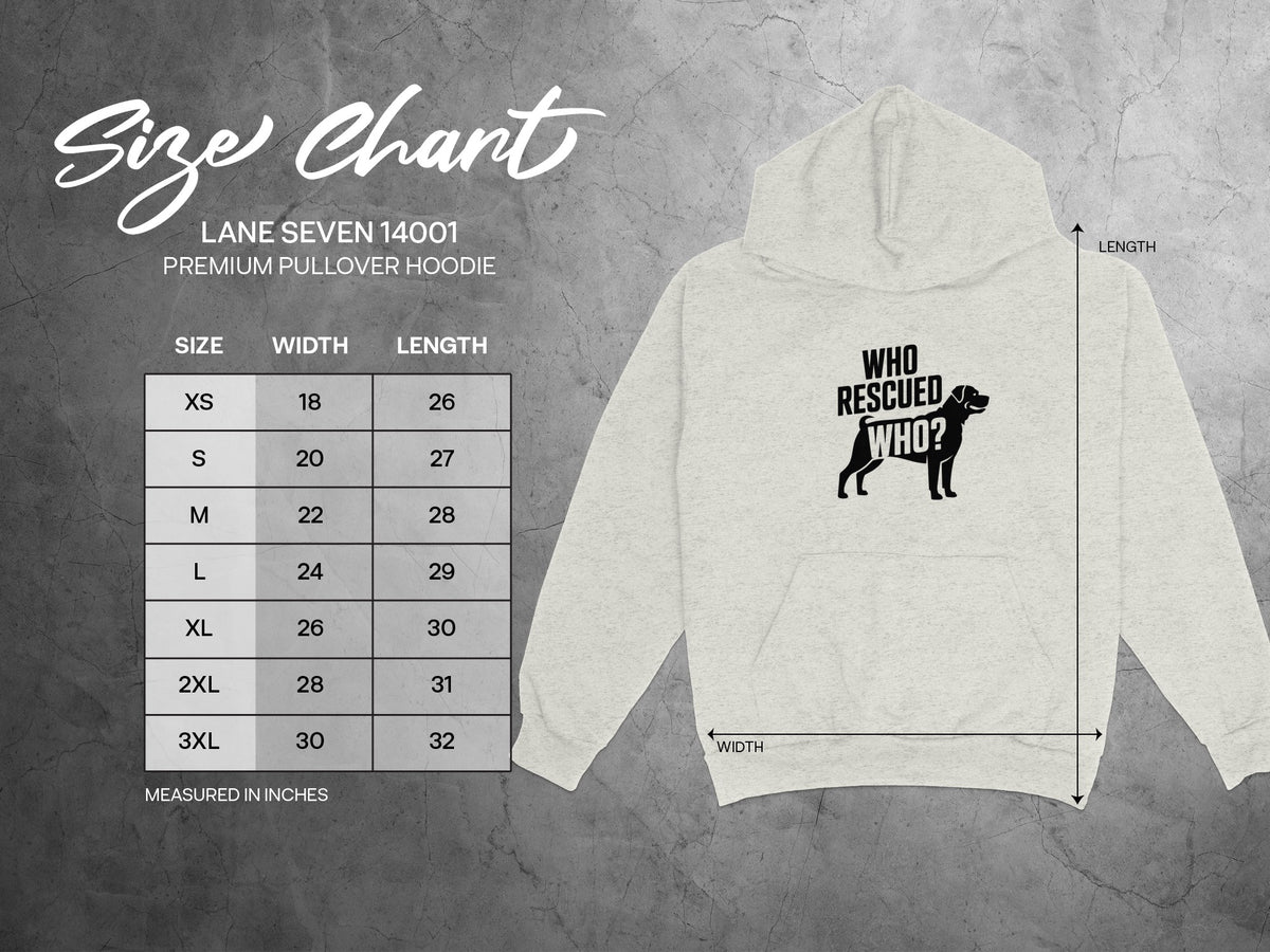 Lane Seven 14001 premium pullover hoodie size chart with width and length measurements in inches.