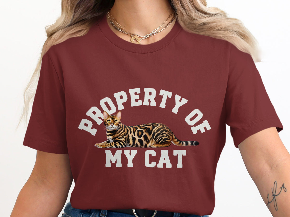 Maroon t-shirt with a Bengal cat and text "PROPERTY OF MY CAT".
