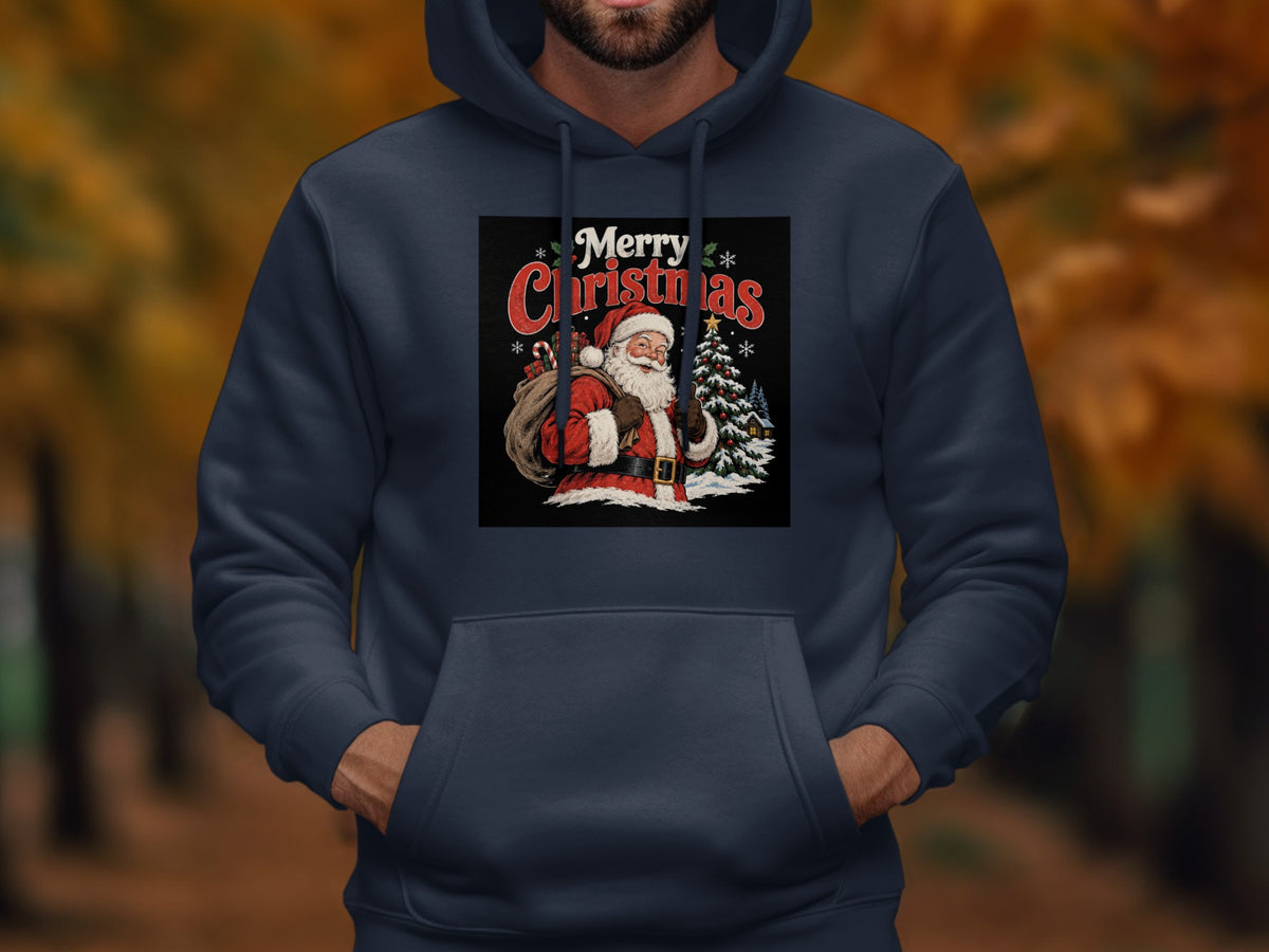 Dark blue hoodie with a square chest graphic featuring Santa Claus, a Christmas tree, and Merry Christmas text.