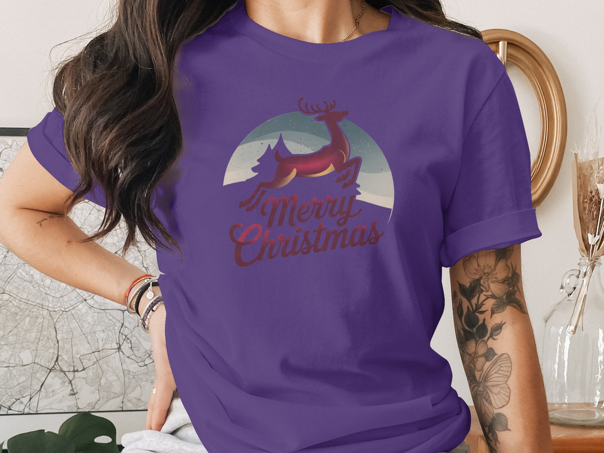 Purple t-shirt with a jumping reindeer and "Merry Christmas" text.