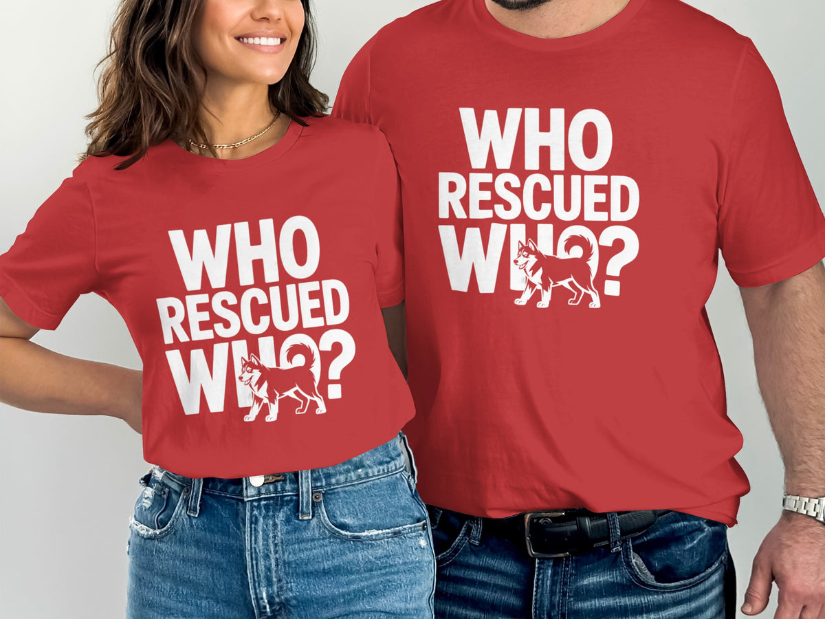 Two red t-shirts with "WHO RESCUED WHO?" text and a dog graphic.