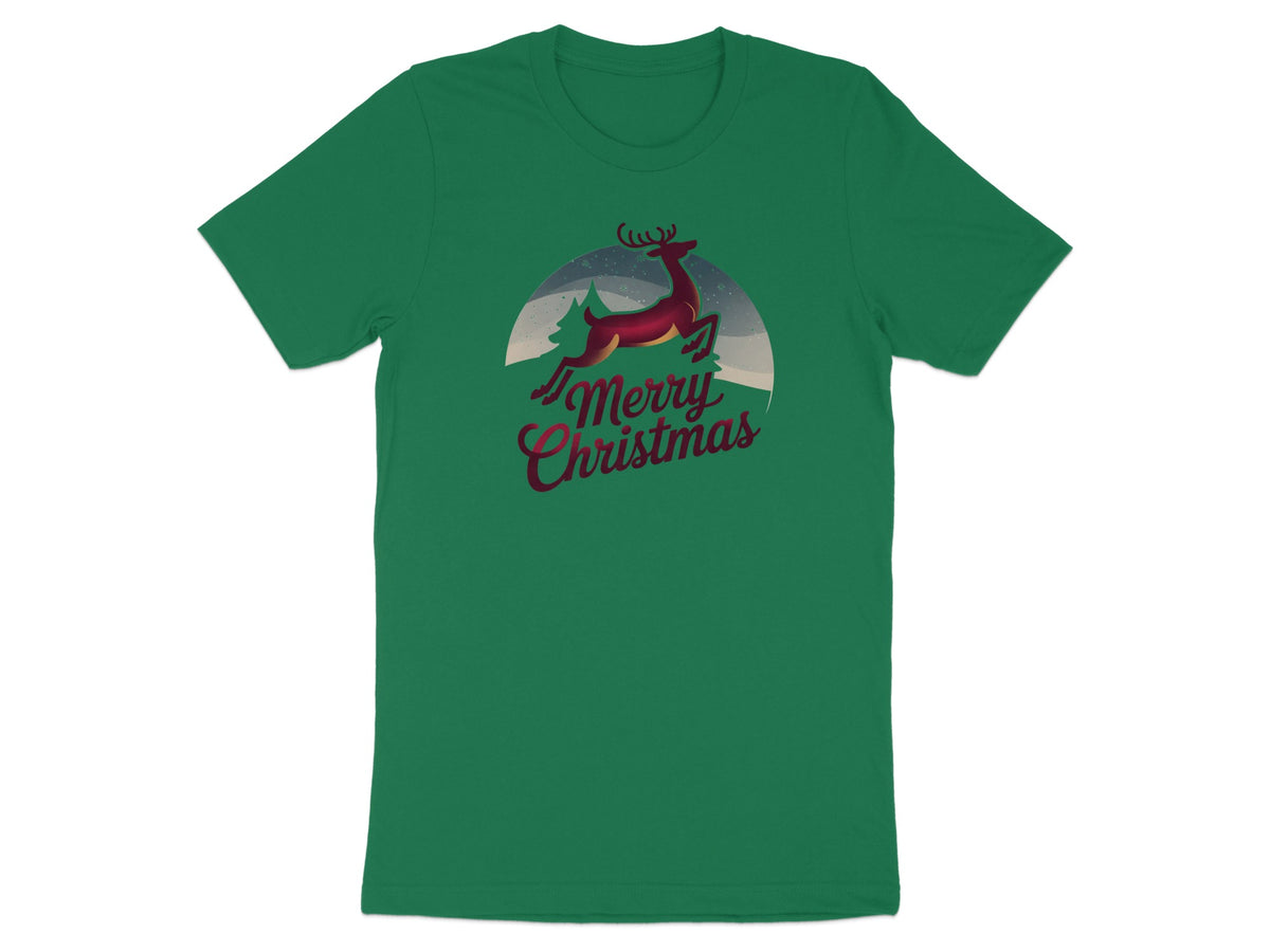 Green t-shirt with a leaping reindeer and "Merry Christmas" text.