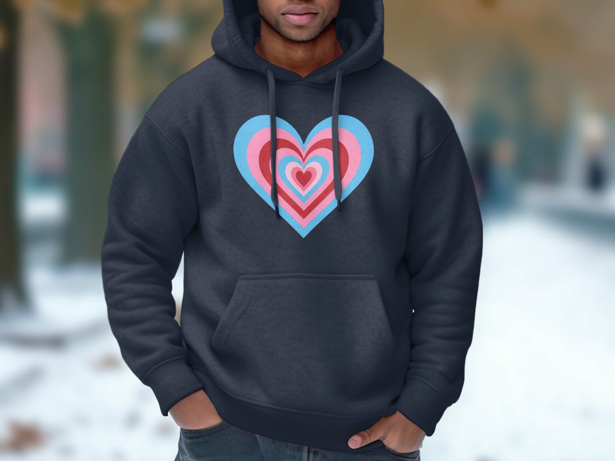 Dark grey hoodie with concentric heart design in pink and blue.