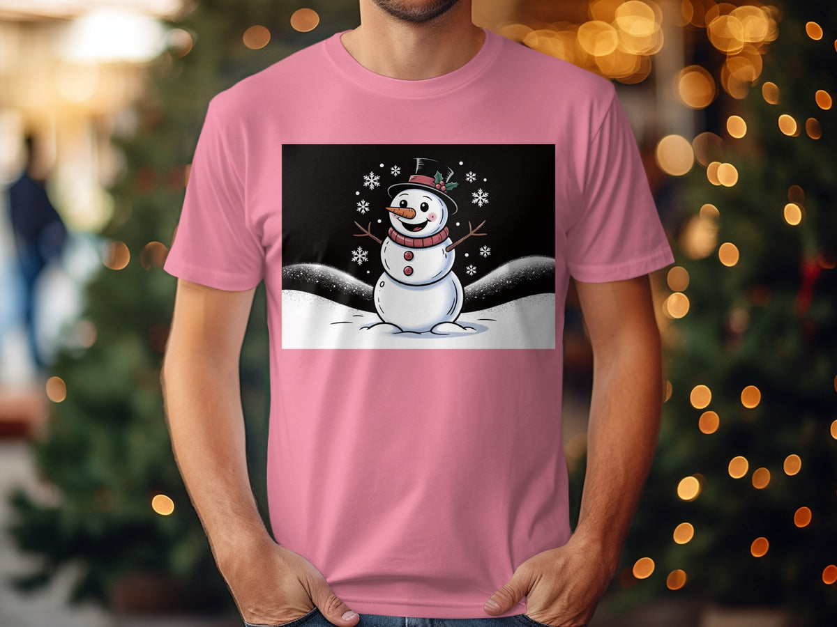 Pink t-shirt with a smiling snowman graphic and snowflakes.