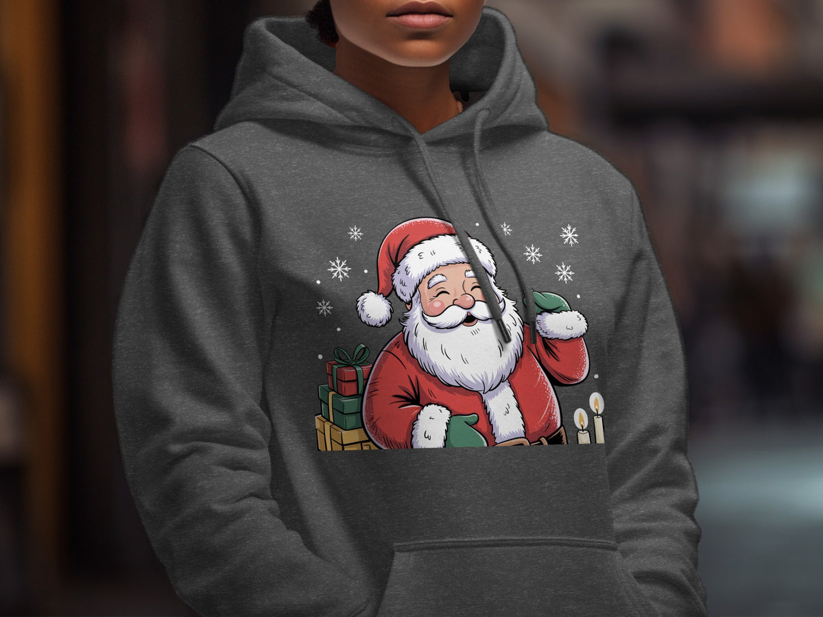 A person wearing a dark gray hooded sweatshirt featuring a cartoon graphic of Santa Claus.
