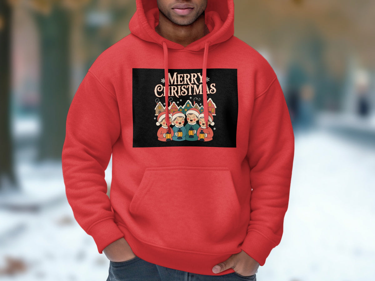 Red hoodie with a "Merry Christmas" graphic featuring carolers and houses.