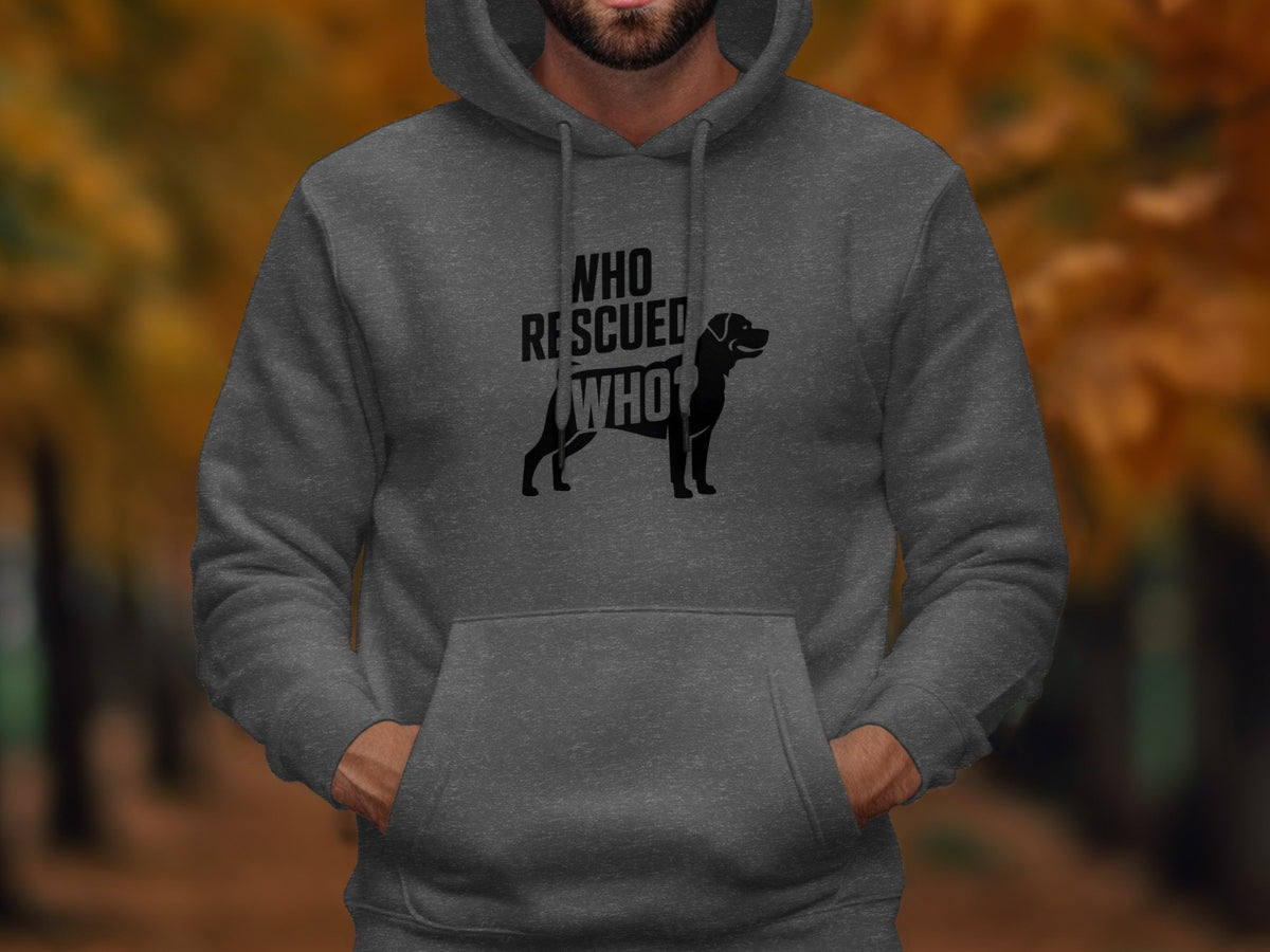 Dark grey hoodie with a black dog silhouette and "Who Rescued Who" text.