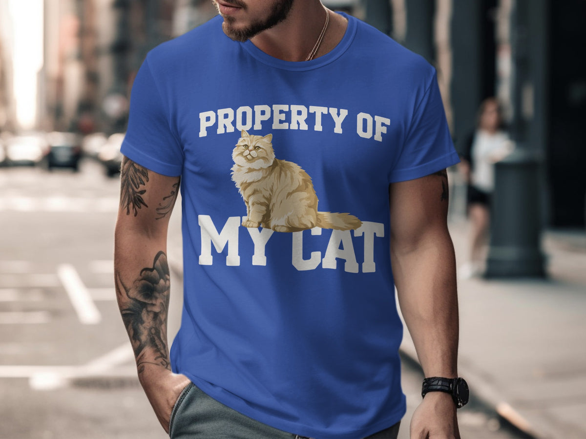 Blue t-shirt with "PROPERTY OF MY CAT" text and a fluffy cat graphic.
