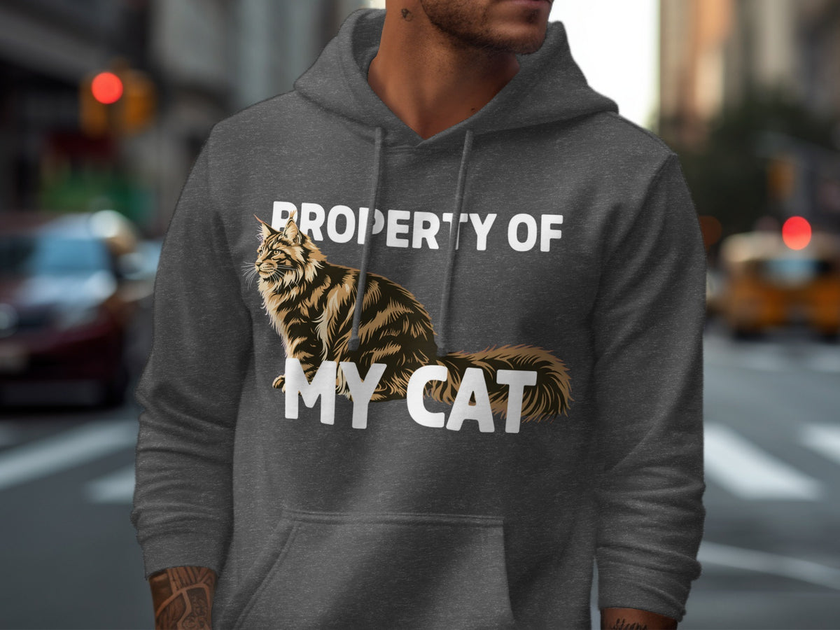 Gray hoodie with "PROPERTY OF MY CAT" text and a cat graphic.