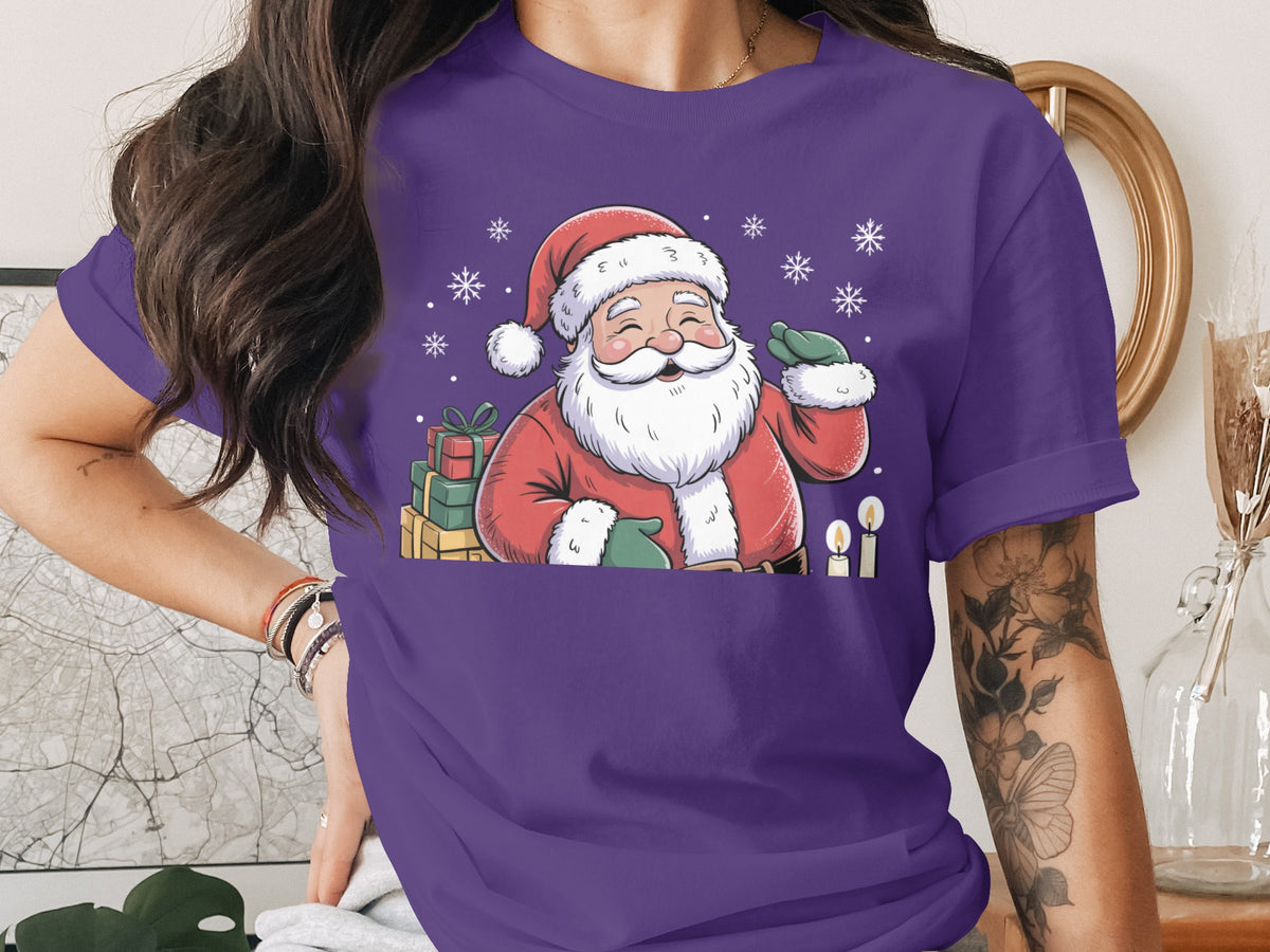 Purple t-shirt with a cheerful Santa Claus and snowflakes graphic.