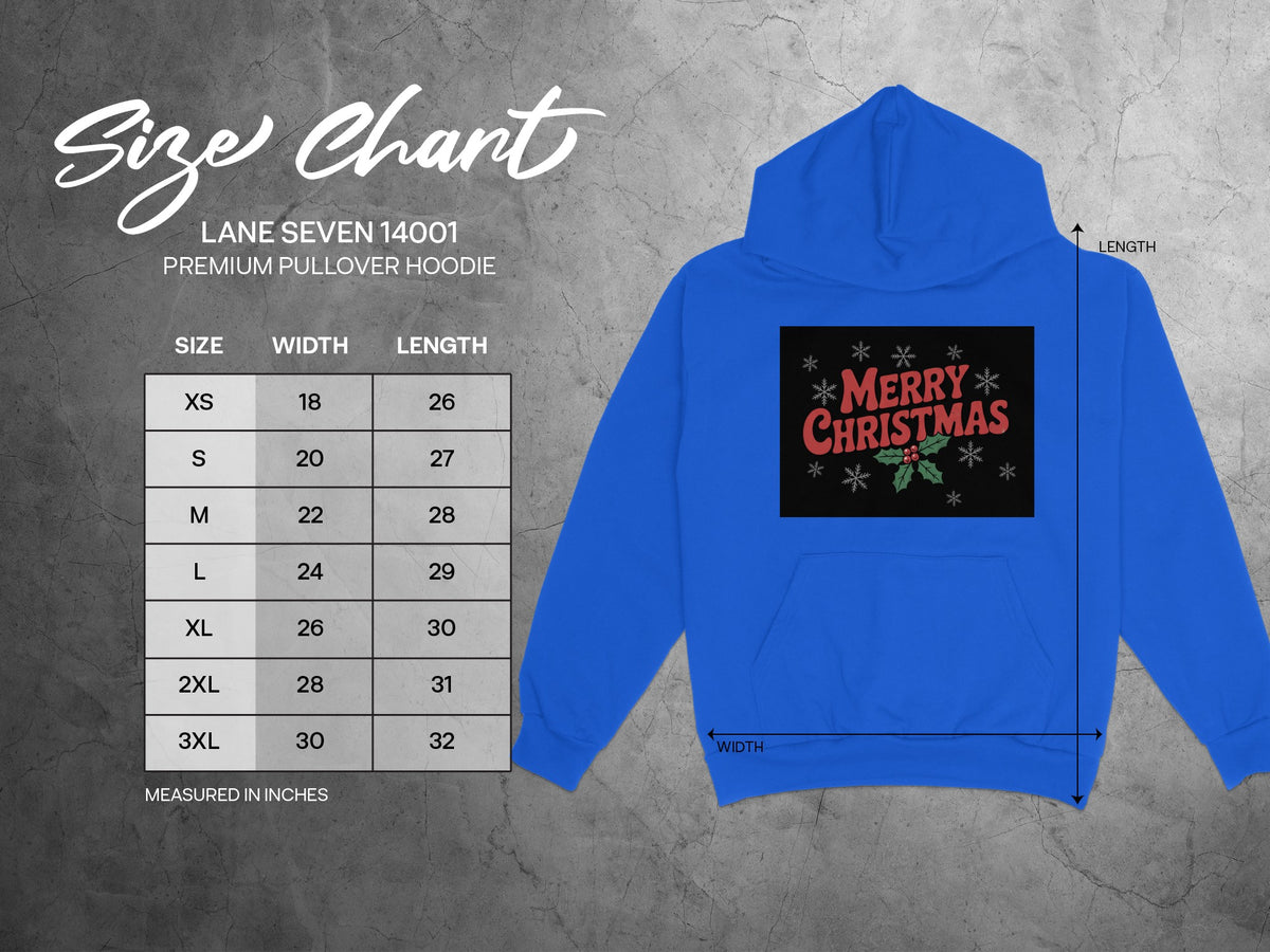 Size chart with width and length measurements for Lane Seven 14001 premium pullover hoodie next to a blue Christmas hoodie.
