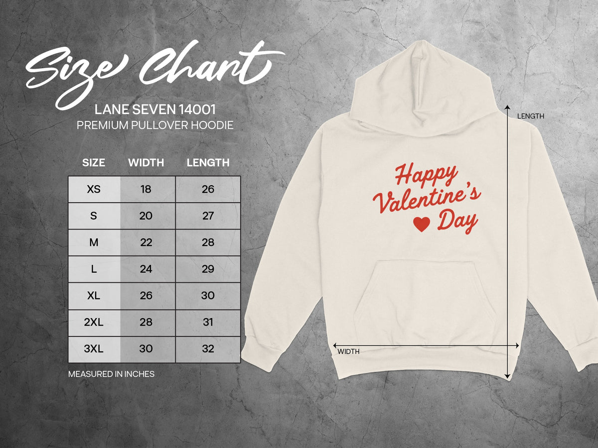 Size chart for Lane Seven 14001 premium pullover hoodie with measurements.