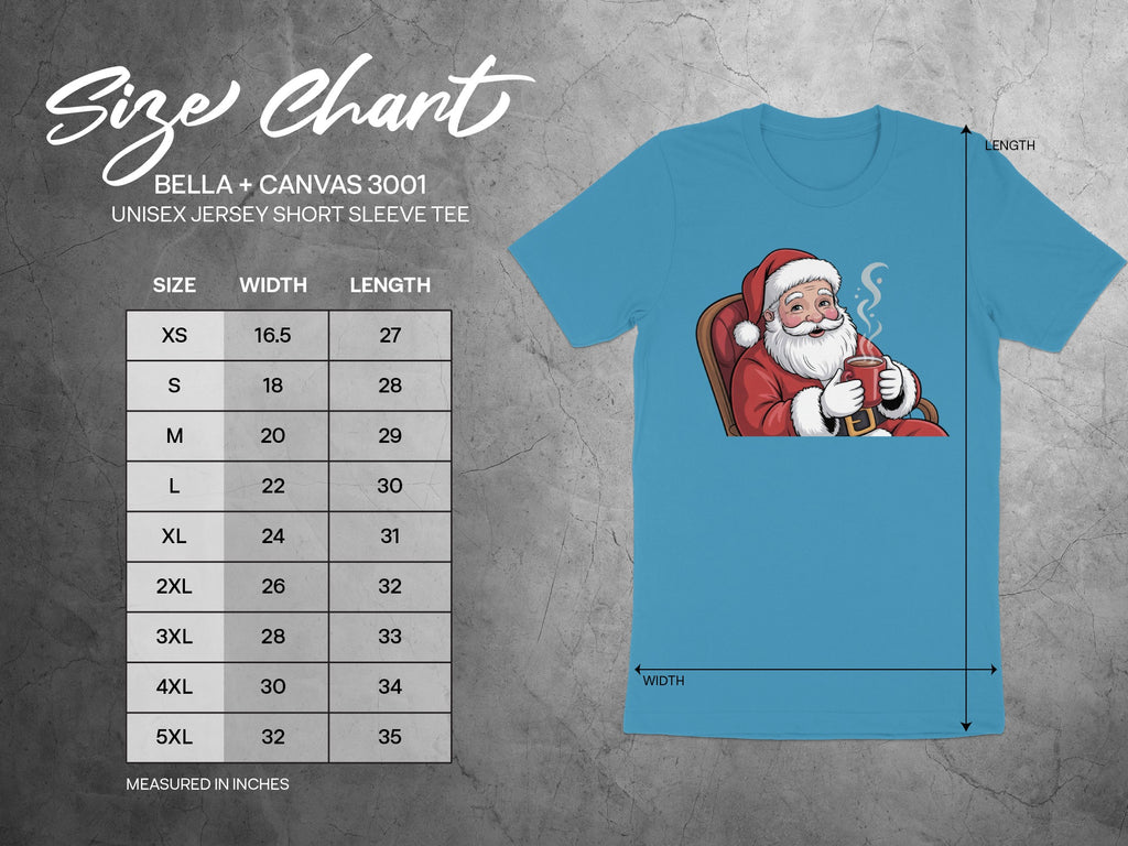 Bella + Canvas 3001 unisex tee size chart with measurements in inches.